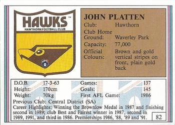 1992 AFL Regina #82 John Platten Back